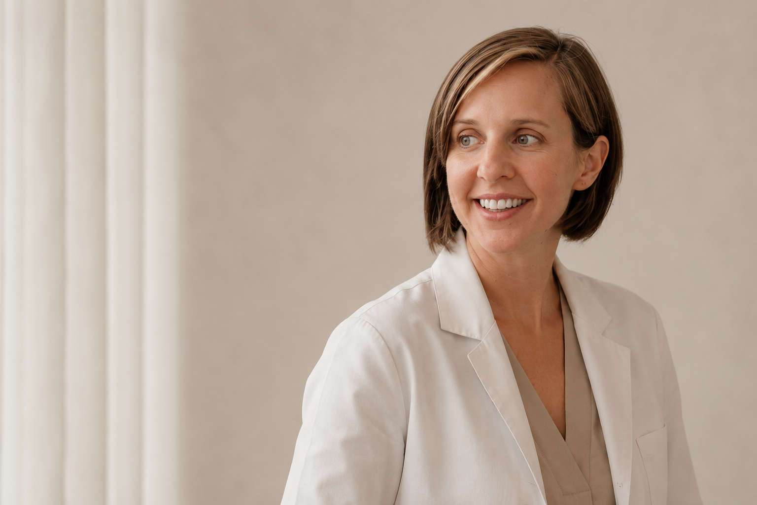 Portrait of the founder in a light clinical coat